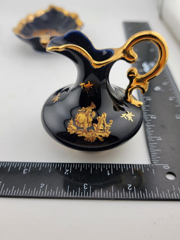 Set Of 3 Limoges Castel France Cobalt Blue 22 Karat Gold Pieces Courting Couple.
