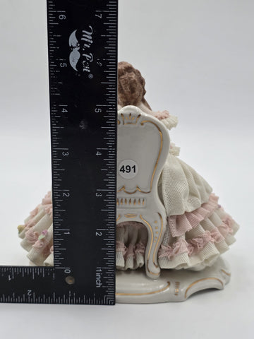 Vintage M.Z. Ireland Dresden Lace Porcelain Figurine Lady Reading Book Seated