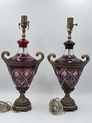 Pair Bohemian Ruby Red Crystal Lamp, Cut-to-Clear Czech Glass, Hollywood Regency