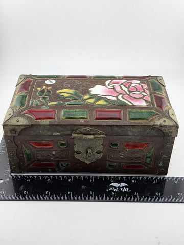 RARE ANTIQUE JAPANESE COPPER  BRASS-BOUND JEWELRY BOX W RAISED ENAMEL DECO MEIJI