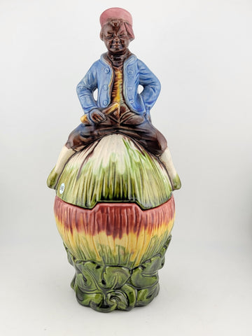 Rare African Boy Horn Blower Vintage Majolica Pottery Candy Dish/ Cookie Jar