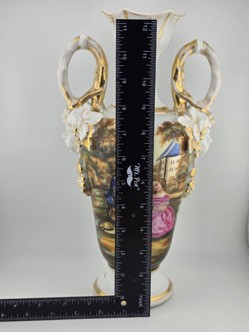 Antique 19thC Hand Painted Porcelain Vase Romantic Scene Gold Gilt Paris Style