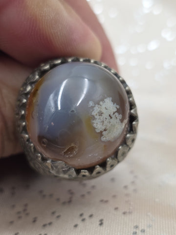 Antique Persian Islamic Silver Agate Men's Ring Ornate Middle Eastern Size 9