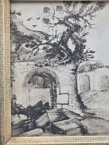 Rare Antique Framed Etching After Guercino "Ravine and Pool" Landscape Print
