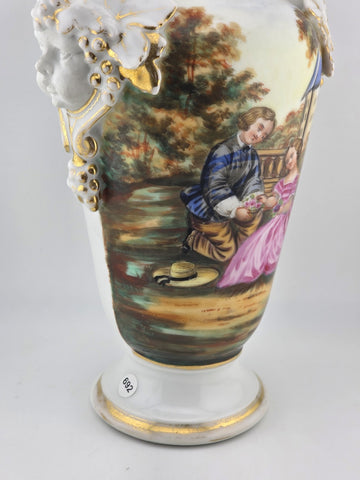 Antique 19thC Hand Painted Porcelain Vase Romantic Scene Gold Gilt Paris Style