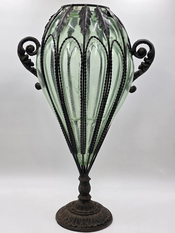 Rare Antique 19th C Murano Green Caged Blown Glass Urn Vase Centerpiece. 23 In