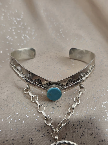 Vintage RB 925 Sterling Silver Turquoise Hand Chain Slave Bracelet Southwestern