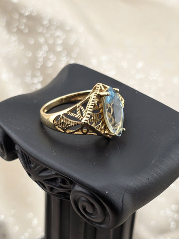 Antique 14K Solid Gold Blue Topaz Marquise Ring Filigree Estate Size 8 W Box.