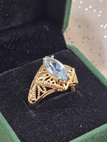 Antique 14K Solid Gold Blue Topaz Marquise Ring Filigree Estate Size 8 W Box.