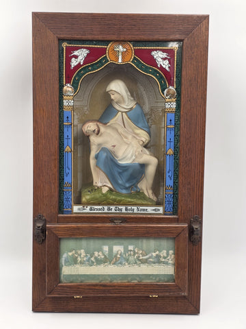 Large Antique C 1920 Catholic Sick Call Last Rites 3D Shadow Box W Accessories.