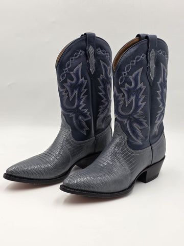 Vtg Dan Post Genuine Lizard Cowboy Boots Mens 9M Blue Denim Gray Exotic Western