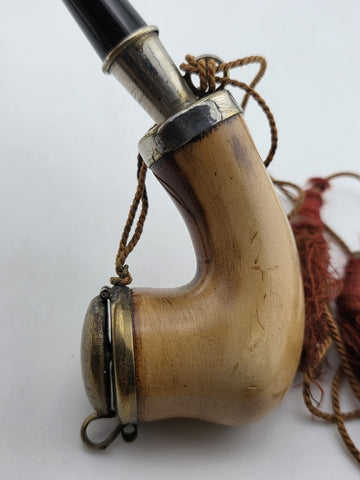 Rare Antique 19th C Meerschaum & Silver Tone Smoking Pipe W Long Stem.