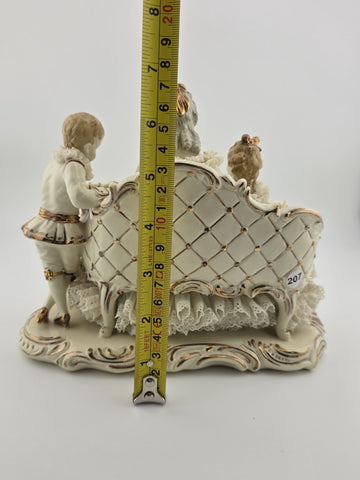 Large Dresden Art Germany Lace Porcelain Figurine Lady w Children W Sofa Reading