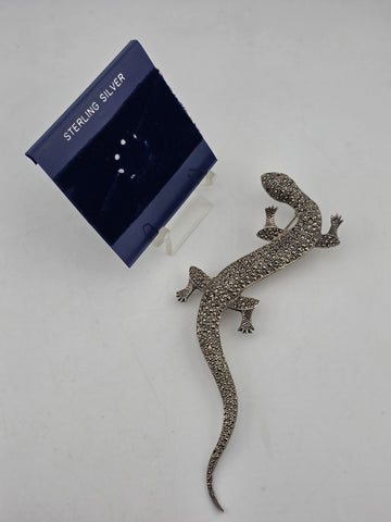 LARGE STERLING SILVER MARCASITE LIFE SIZE LIZARD PIN BROOCH SALAMANDER. 6 Inch.