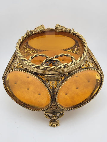Antique Ormolu Filigree Trinket Casket Vitrine Box, 5-Sided Beveled Amber Glass