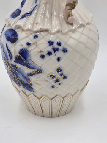 Antique 19th C Royal Worcester 1892 Porcelain Blue & Gold Floral Relief Pitcher