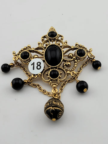VTG 1928 BROOCH VICTORIAN REVIVAL BLACK GLASS BEAD DANGLE OPENWORK GOLDTONE PIN