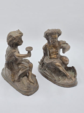 SET OF 2 FRENCH BRONZE SCULPTURE BY E. ROSSY ,PUTTI CHERUBS HOLDING A WINE CUP