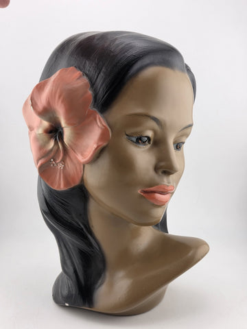 Vintage Hawaiian Hula Girl Bust Marwal Chalkware w/ Hibiscus 9.5" t 1950's MCM