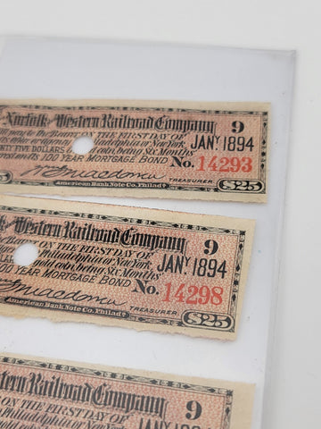 Norfolk & Western Railroad Co Gold Bond Coupons Stamps lot 4. $25 Issued 1894