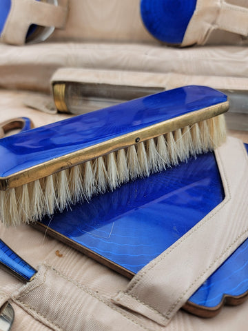 Antique Hard Cased Blue Enameled 1930s Vanity Set. Extremely Rare. VG Condition