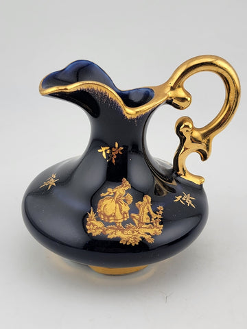 Set Of 3 Limoges Castel France Cobalt Blue 22 Karat Gold Pieces Courting Couple.