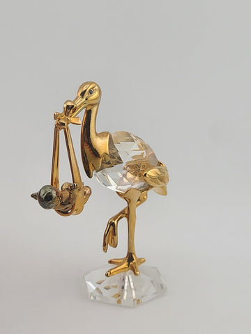 Rare Swarovski Crystal Stork Baby Figurine Gold Tone New Arrival Maternity Gift