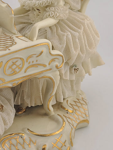 Antique Dresden Art Porcelain Lady at Grand Piano Figurine Lace Dress Germany