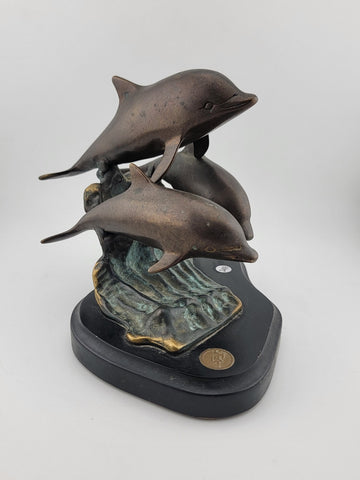 Vintage SPI Three Bronze Dolphin  Leaping Sculpture Figurine Signed  Marble Base