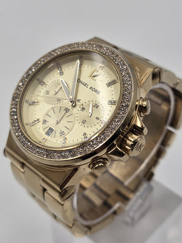 Michael Kors MK5386 Gold Tone Crystal Bezel Chronograph Watch 43mm Date