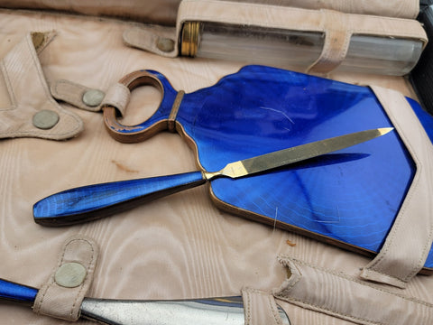 Antique Hard Cased Blue Enameled 1930s Vanity Set. Extremely Rare. VG Condition