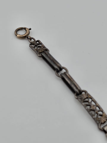 Antique 1920's Art Deco Sterling Silver Amber Glass Filigree Bracelet. 6.25 In.