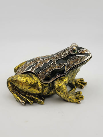 Black & Green Enamel Frog Trinket Box - Jeweled Gold Tone w/ Magnetic Closure