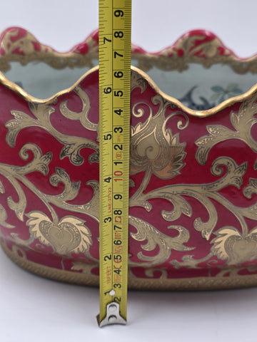 Antique XL Chinese handpainted Red porcelain 24kt gold Oval Footbath, Jardiniere