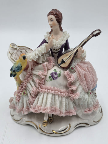 Vintage Dresden Art Germany Lace Porcelain Lady Musician Figurine Bird Bench