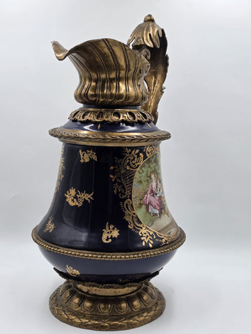 Antique French Cobalt Blue Porcelain &Brass Ewer Fragonard Scene Gilt Bronze 23"