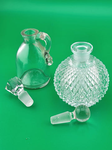 Antique Set Of 2 Cut Glass Perfume Bottle W Stoppers. 1 Czechoslovakia & 1 Jug.