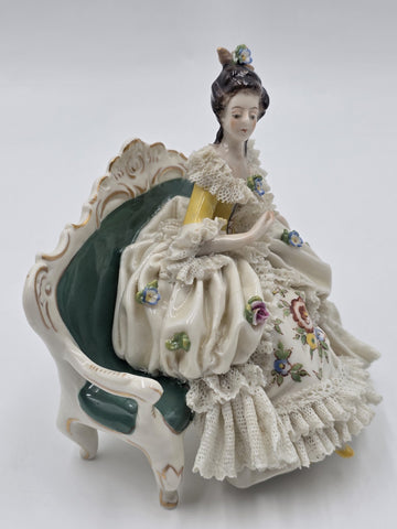Vintage Dresden Lace Porcelain Lady Figurine Seated On Settee Sofa Germany 1078