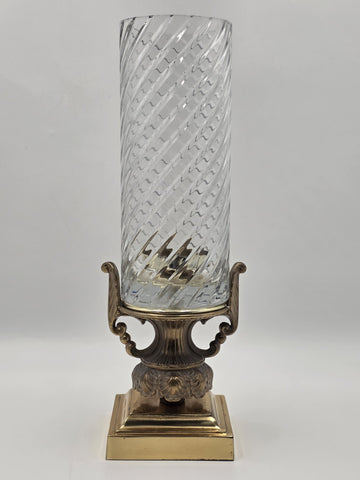 Antique 17" Crystal Hurricane Vase Lamp Base Brass Urn Hollywood Regency Decor