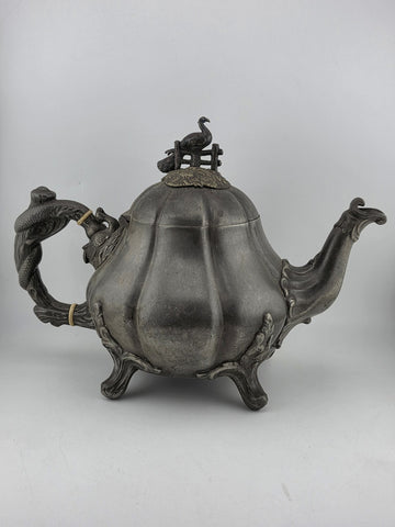 Rare Shaw & Fischer Sheffield Pewter Teapot Hinged Lid Snake Holding Fish Handle
