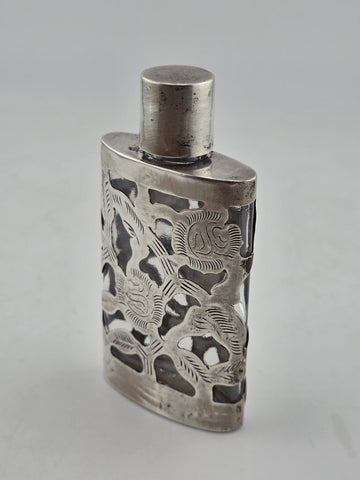 Antique Mexican Sterling Silver 925 Overlay Perfume Bottle Floral Cutwork Flask