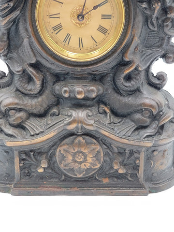 Working Large 18" Antique Cast Iron & Copper Mantle Clock Cherubs & Harps c.1906