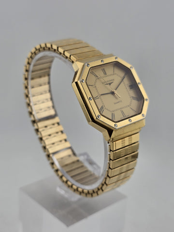 Vintage Longines 4898 Quartz Gold Plated Octagonal Watch Roman Dial Date Working