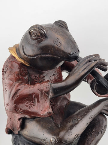 RARE HEAVY LARGE BRONZE SCULPTURE " FROG WITH LEGS CROSSED PLAYING FLUTE" 10 Lbs