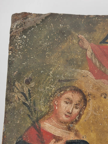 Early 19th Century Spanish Colonial/Mexican Icon Holy Family Oil on Tin Retablo