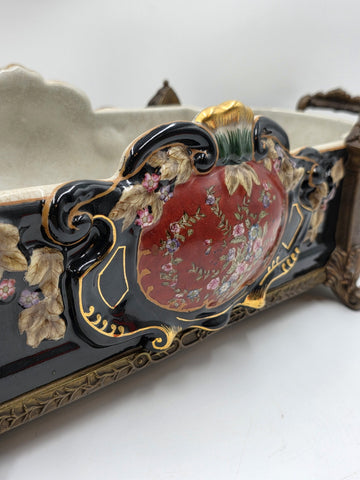 ANTIQUE XL CASTILIAN PORCELAIN BRONZE BOWL CENTERPIECE CLAWFOOT FLORAL VICTORIAN