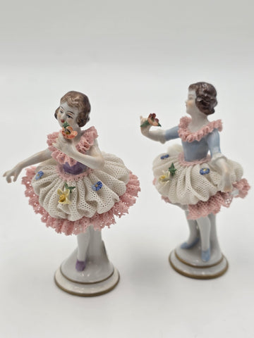 Vintage Dresden Style Porcelain Lace Ballerina Dancer Figurines Pair German 4"