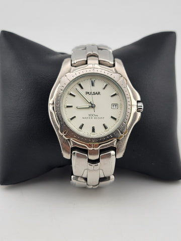 PULSAR Men's Silver Tone Stainless Steel White Dial Quartz WATCH V372-0240 Works