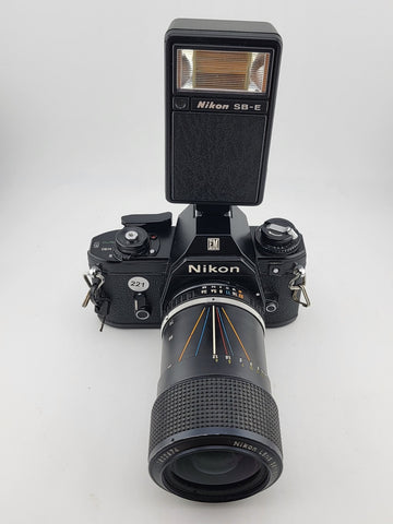 Nikon EM Film Camera + Series E Zoom 36-72mm F/3.5 Lens + Speedlight SB-E Flash