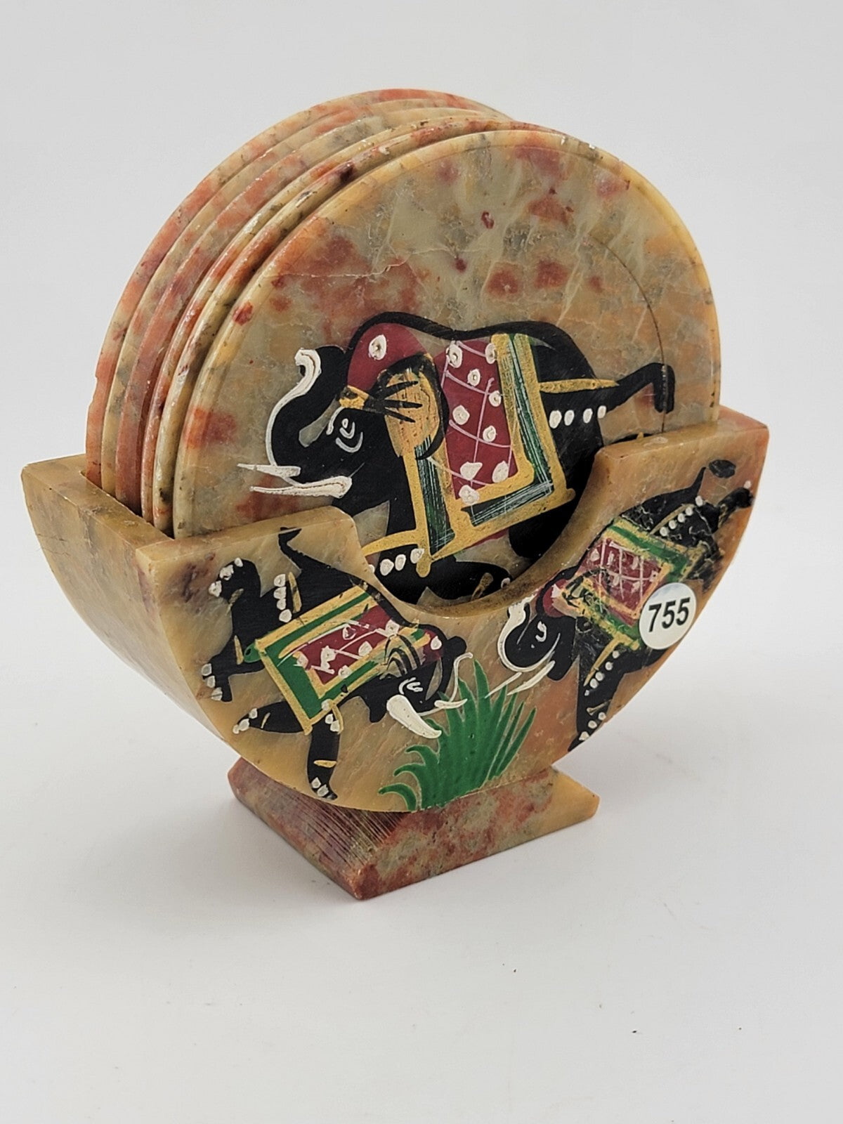 Rare Set Handcrafted Marble Soapstone 6 Coaster Elephant Painted Art India